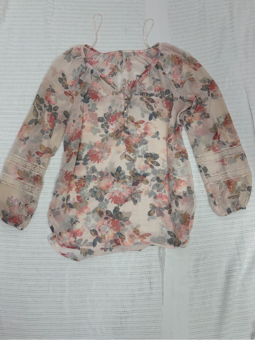 LC Lauren Conrad Sheer Floral Blouse in Cream, Pink and Green